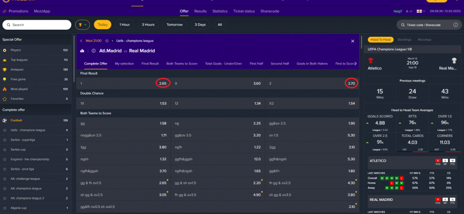 Atl.Madrid VS Real Madrid koeficientët në Mozzartbet 12.03.2025