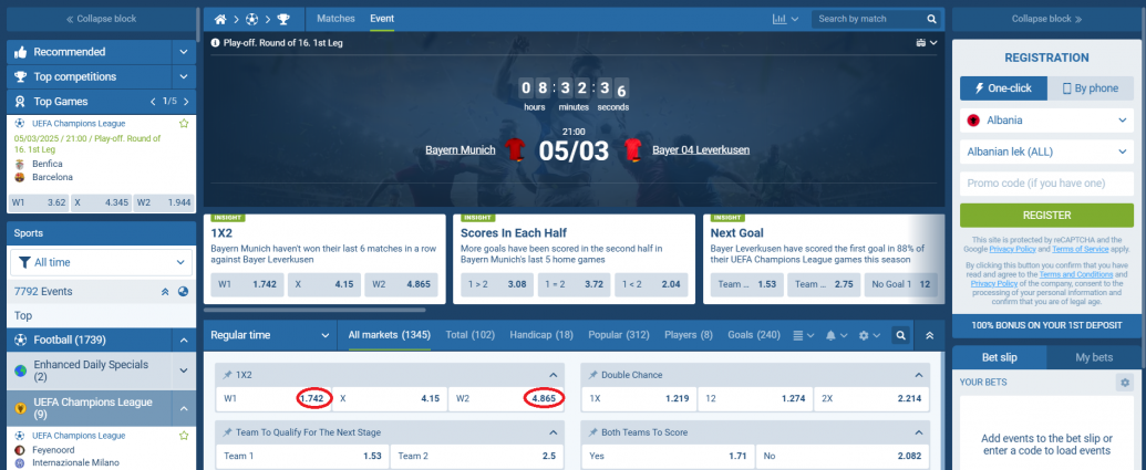 Bayern Munich VS Bayern Leverkusen koeficientët në 05.03.2025