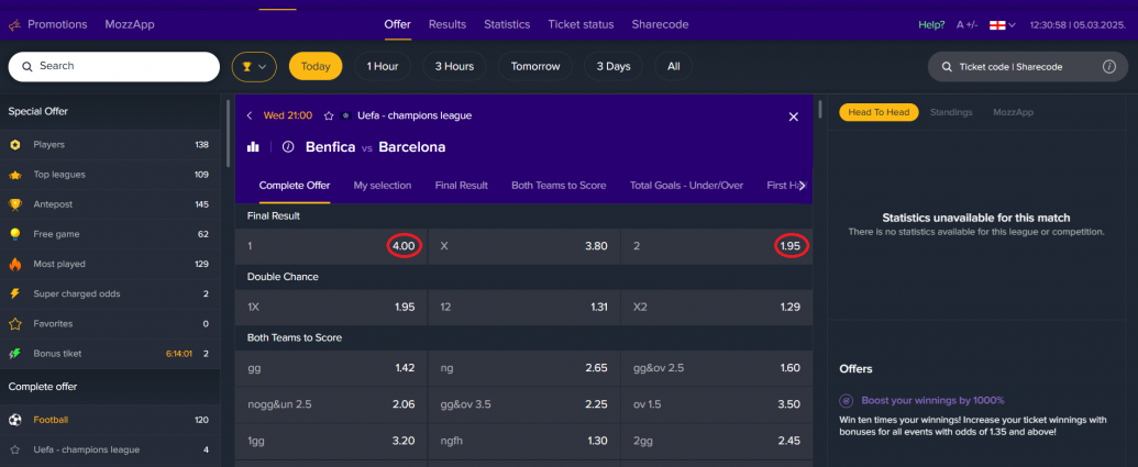 Benfica VS Barcelona koeficientët në Mozzartbet 05.03.2025