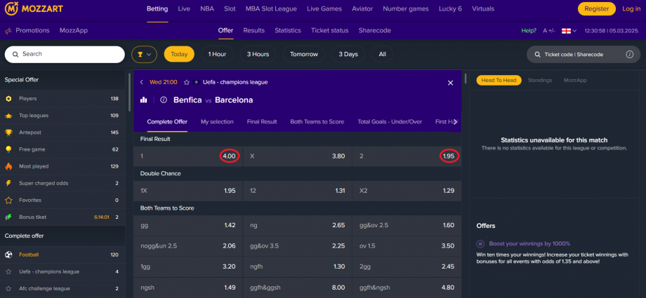 Benfica VS Barcelona koeficientët në Mozzartbet 05.03.2025