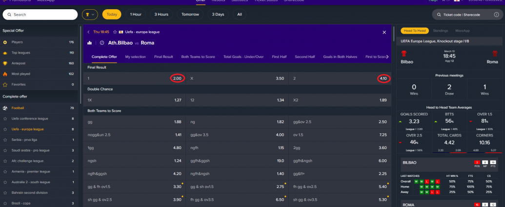 Ath Bilbao VS AS Roma koeficientët në Mozzartbet 13.03.2025