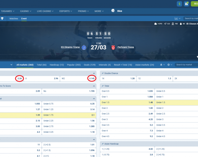 Dinamo Tirana VS Partizani koeficientët në 1xbet 27.03.2025