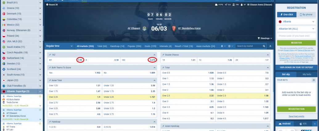Elbasani VS Skënderbeu koeficientët në 1xbet 06.03.2025