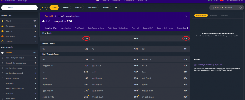 Liverpool VS PSG koeficientët në Mozzartbet 11.03.2025