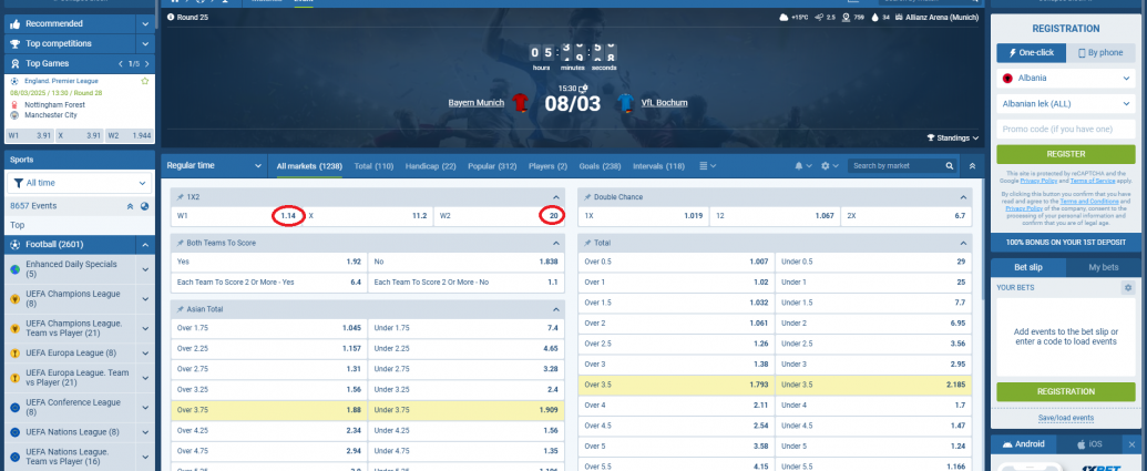Bayern Munich VS Bouchum koeficientët në 1xbet 08.03.2025