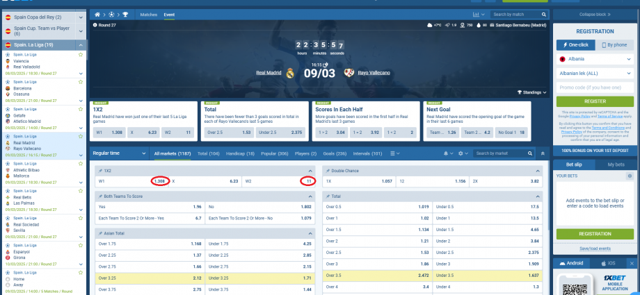 Real Madrid VS Rayo Vallecano koeficentët në 1xbet 09.03.2025