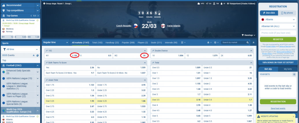Republika Ceke VS Ishujt Faroe koeficientët në 1xbet 22.03.2025
