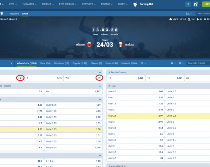 Shqipëri VS Andorra koeficientët në 1xbet 24.03.2025