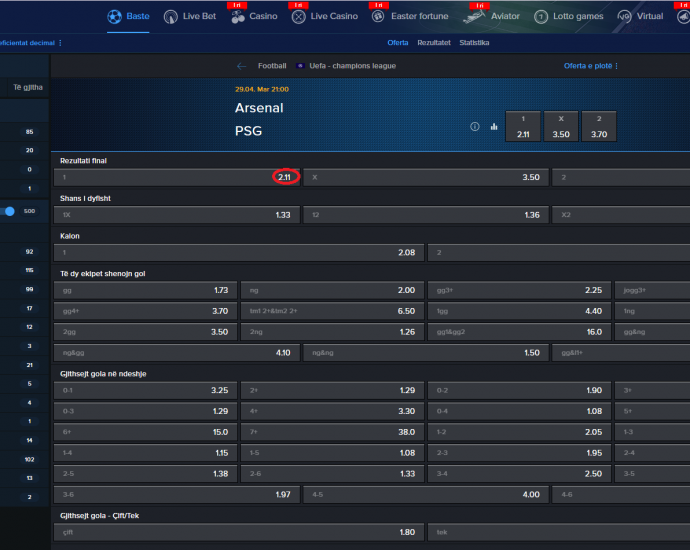 Arsenal VS PSG koeficientët në Mozzartbet 29.04.2025