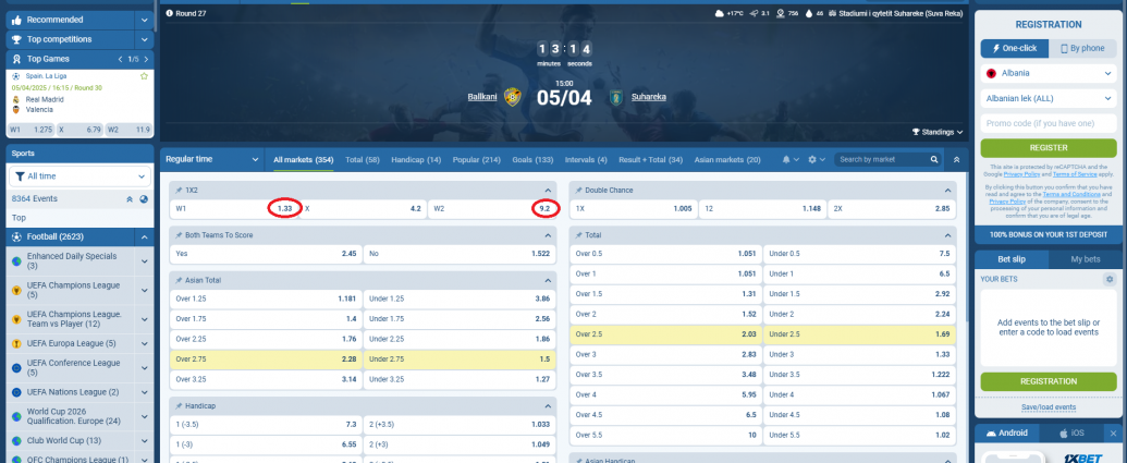 FC Ballkani VS Suhareka koeficientët në 1xbet 05.04.2025
