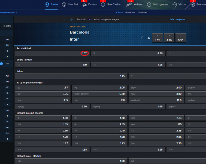 Barcelona VS Inter koeficientët në Mozzartbet 30.04.2025