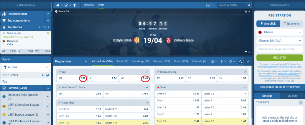 Bylis VS Partizani koeficientët në 1xbet 19.04.2025