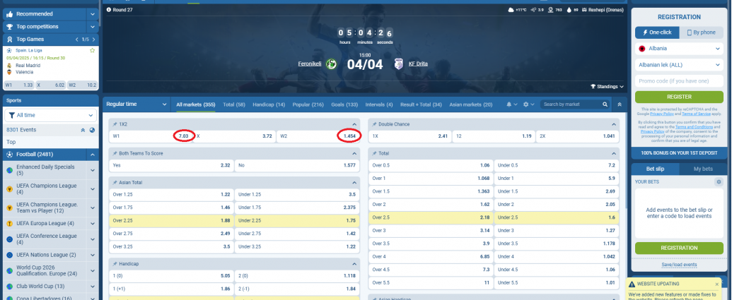 Feronikeli VS Drita koeficientët në 1xbet 04.04.2025