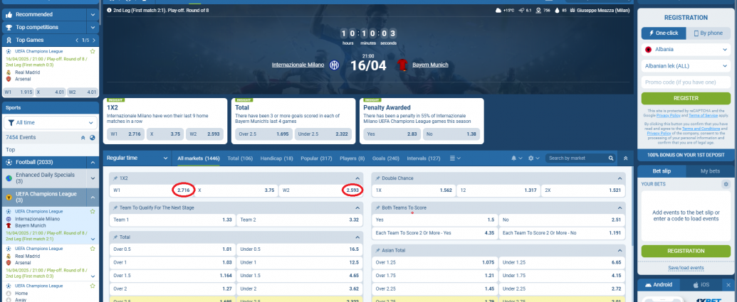 Inter VS Bayern Munich koeficientët në 1xbet 16.04.2025