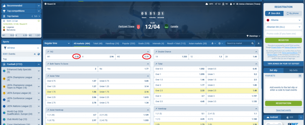 Partizani VS Egnatia koeficientët në 1xbet 12.04.2025