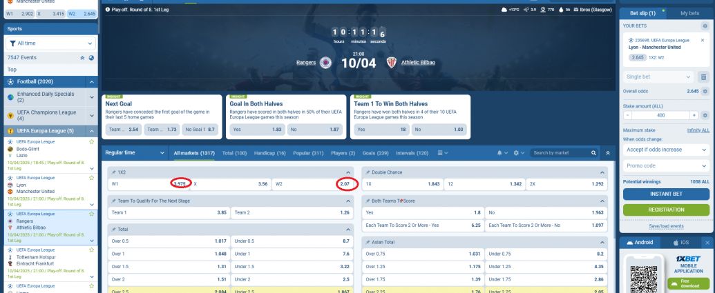 Rangers VS Ath Bilbao koeficientët në 1xbet 10.04.2025