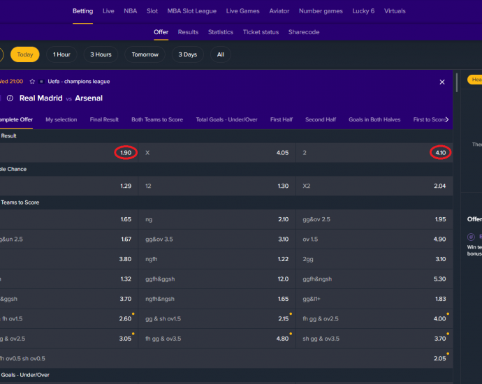 Real Madrid VS Arsenal koeficientët në Mozzartbet 16.04.2025