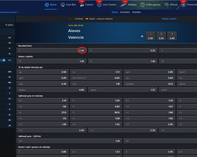 Alaves VS Valencia koeficientët në Mozzartbet 14.05.2025