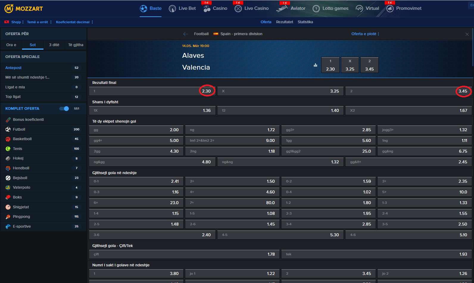 Alaves VS Valencia koeficientët në Mozzartbet 14.05.2025