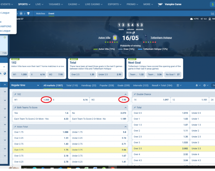 Aston Villa VS Tottenham koeficientët në 1xbet 16.05.2025