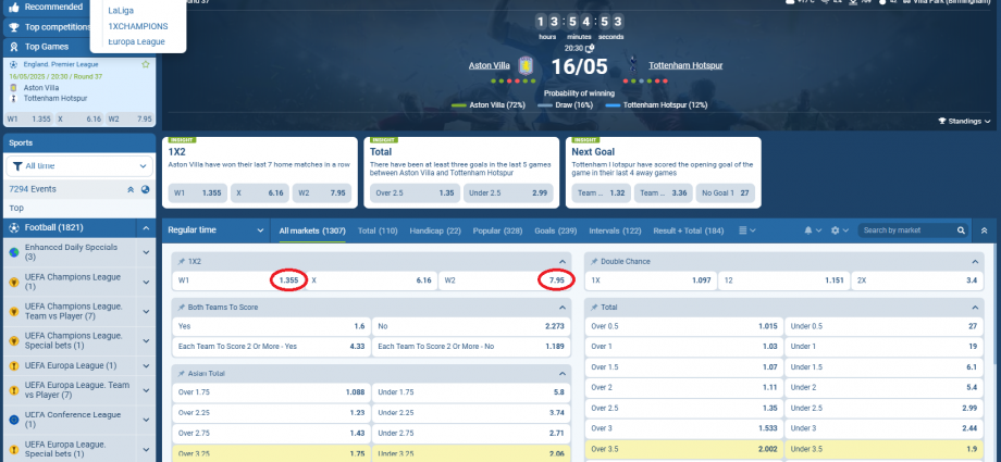 Aston Villa VS Tottenham koeficientët në 1xbet 16.05.2025
