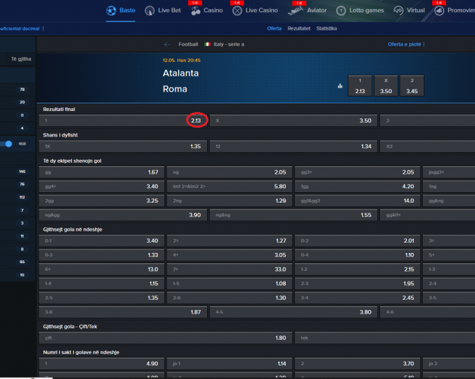 Atalanta VS Roma koeficientët në Mozzartbet 12.05.2025