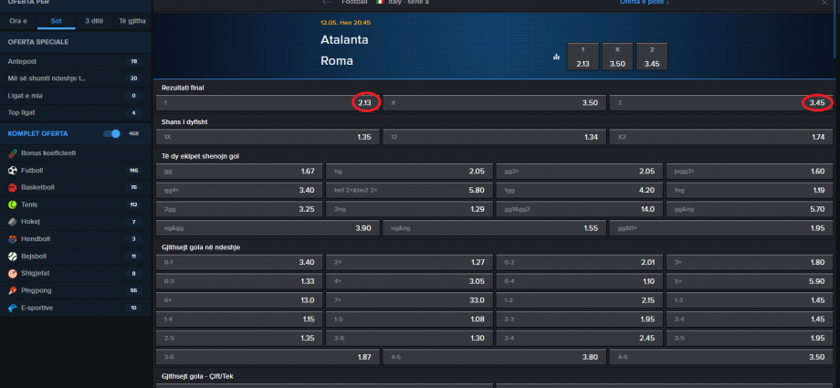 Atalanta VS Roma koeficientët në Mozzartbet 12.05.2025