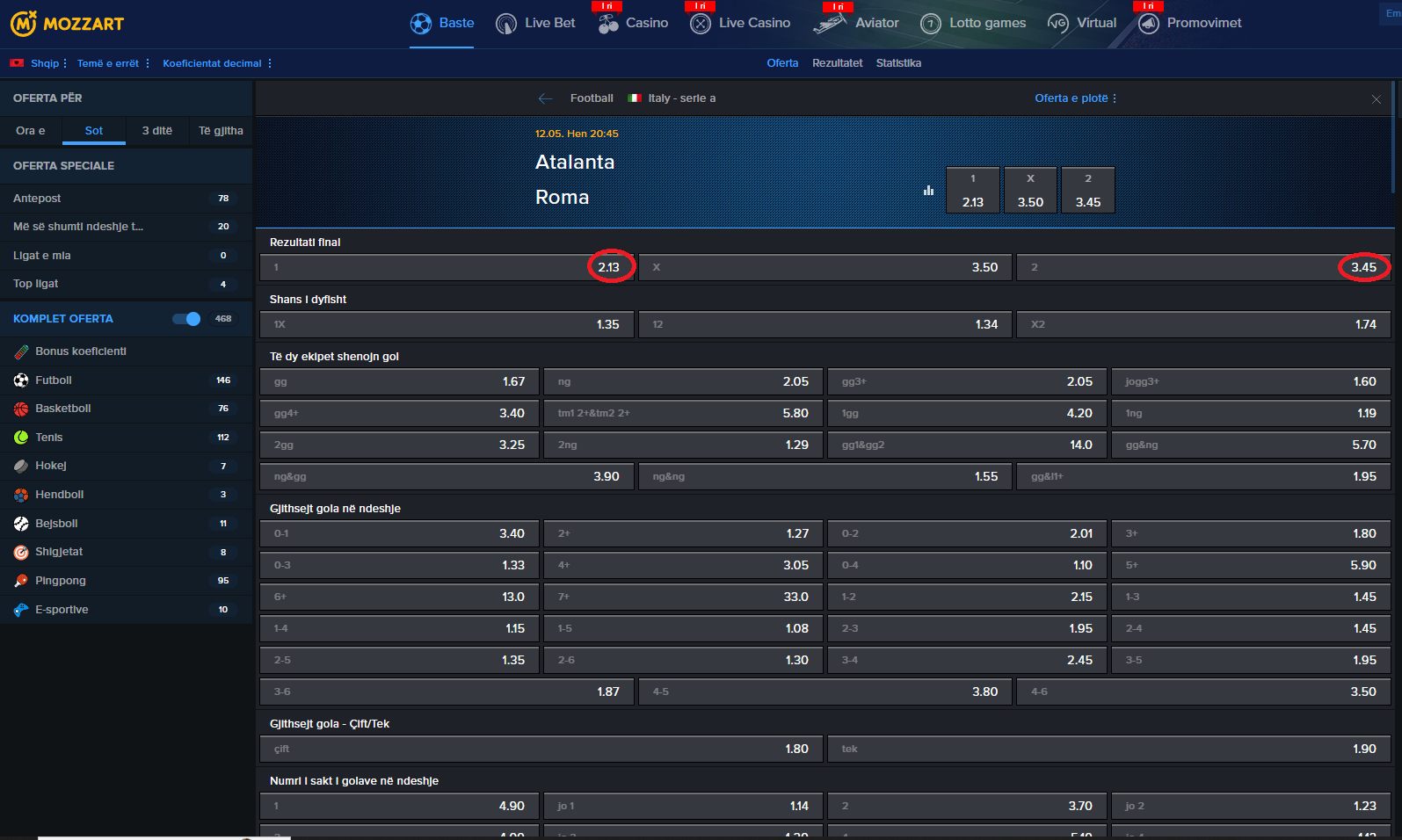 Atalanta VS Roma koeficientët në Mozzartbet 12.05.2025