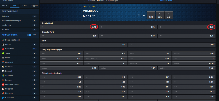 Ath Bilbao VS Manchester United koeficientët në Mozzartbet 01.05.2025