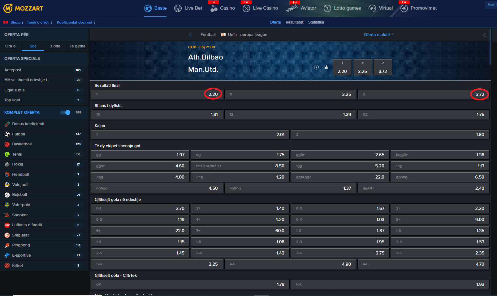 Ath Bilbao VS Manchester United koeficientët në Mozzartbet 01.05.2025