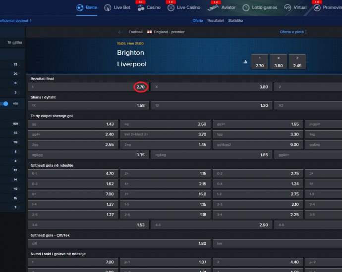 Brighton VS Liverpool koeficientët në Mozzartbet 19.05.2025