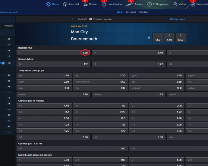 Manchester city VS Bournemouth koeficientët në Mozzartbet 20.05.2025