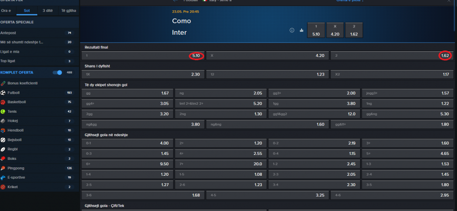 Como VS Inter koeficientët në Mozzartbet 23.05.2025