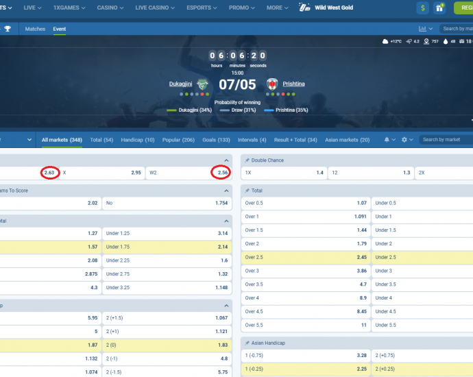 Dukagjini VS Prishtina koeficientët në 1xbet 07.05.2025