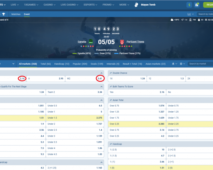 Egnatia VS Partizani koeficientët në 1xbet 05.05.2025