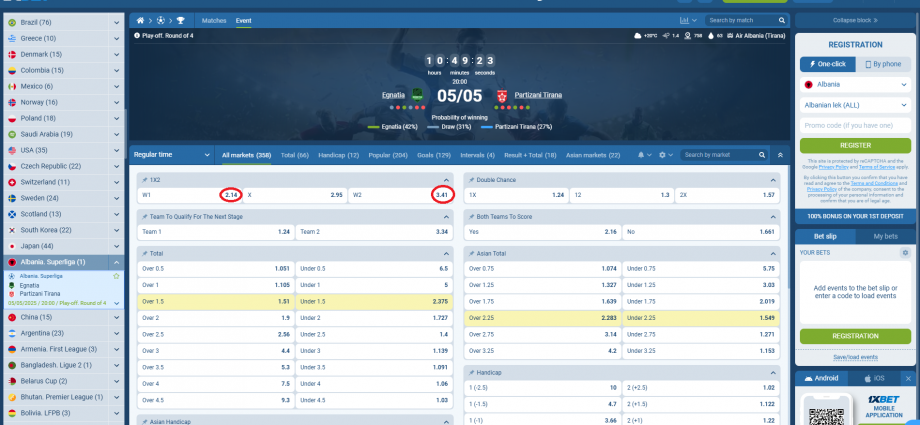 Egnatia VS Partizani koeficientët në 1xbet 05.05.2025