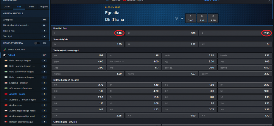 Dinamo VS Egnatia koeficientët në Mozzartbet 01.05.2025