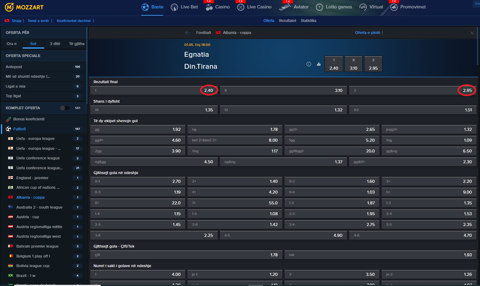 Dinamo VS Egnatia koeficientët në Mozzartbet 01.05.2025