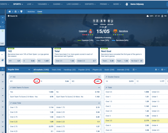 Espanyol VS Barcelona koeficientët në 1xbet 15.05.2025