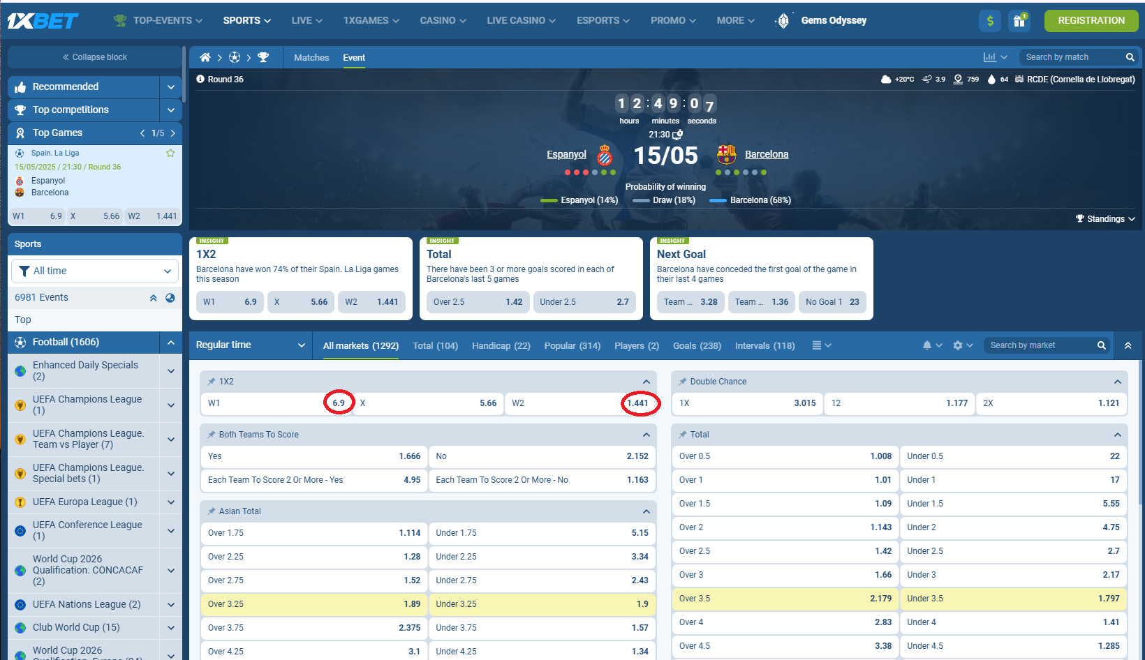 Espanyol VS Barcelona koeficientët në 1xbet 15.05.2025
