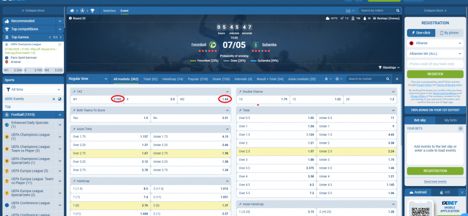 Feronikeli VS Suhareka koeficientët në 1xbet 07.05.2025