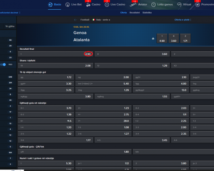 Genoa VS Atalanta koeficientët në Mozzartbet 17.05.2025