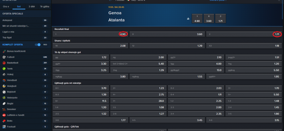 Genoa VS Atalanta koeficientët në Mozzartbet 17.05.2025
