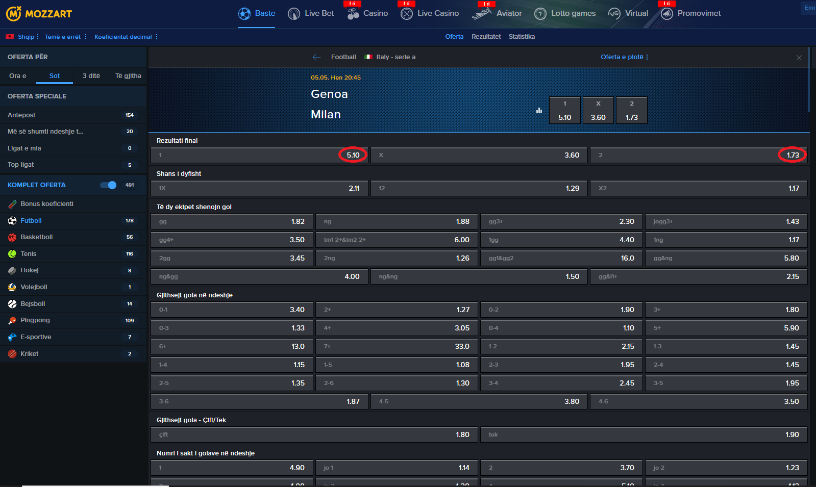 Genoa VS AC Milan koeficientët në Mozzartbet 05.05.2025