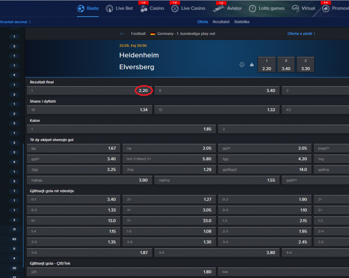 Heidenheim VS Elversberg koeficientët në Mozzartbet 22.05.2025
