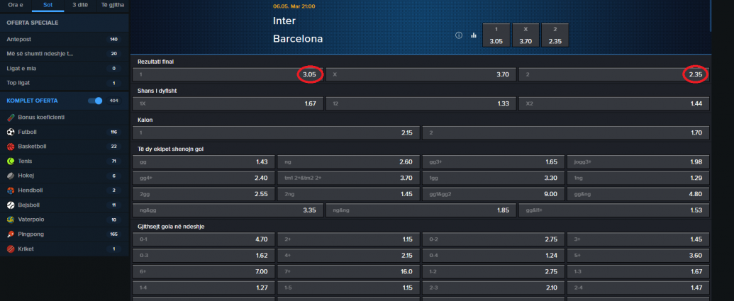 Inter VS Barcelona koeficientët Mozzartbet në 06.05.2025