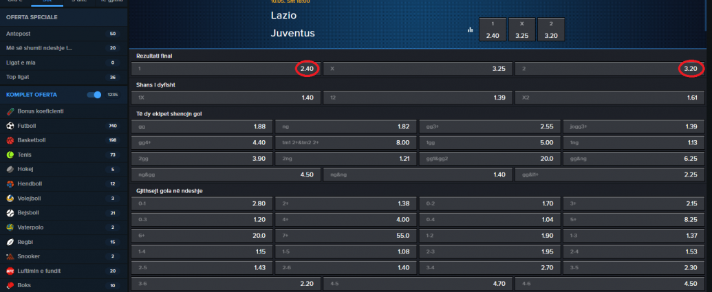 Lazio VS Juventus koeficientët në Mozzartbet 10.05.2025