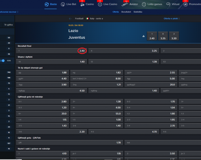 Lazio VS Juventus koeficientët në Mozzartbet 10.05.2025