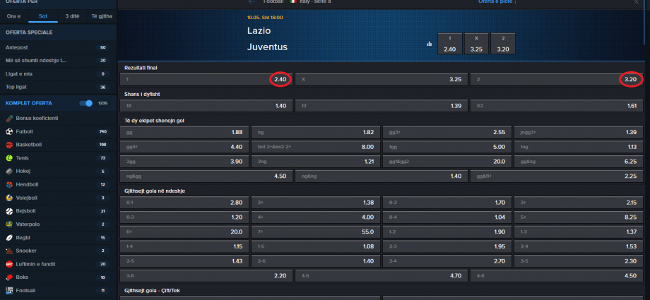 Lazio VS Juventus koeficientët në Mozzartbet 10.05.2025