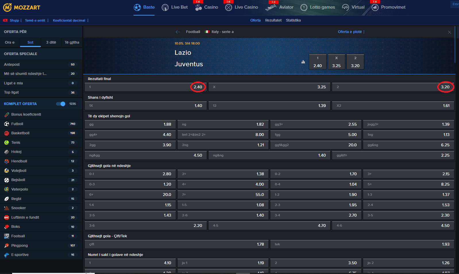 Lazio VS Juventus koeficientët në Mozzartbet 10.05.2025